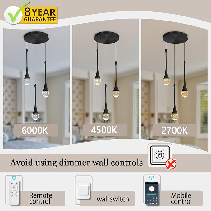 Pendant Lights Kitchen Island 3-Lights Pendant Chandelier for Dining Room Hallway Stairwell,LED Dimmable 2700K-6000K