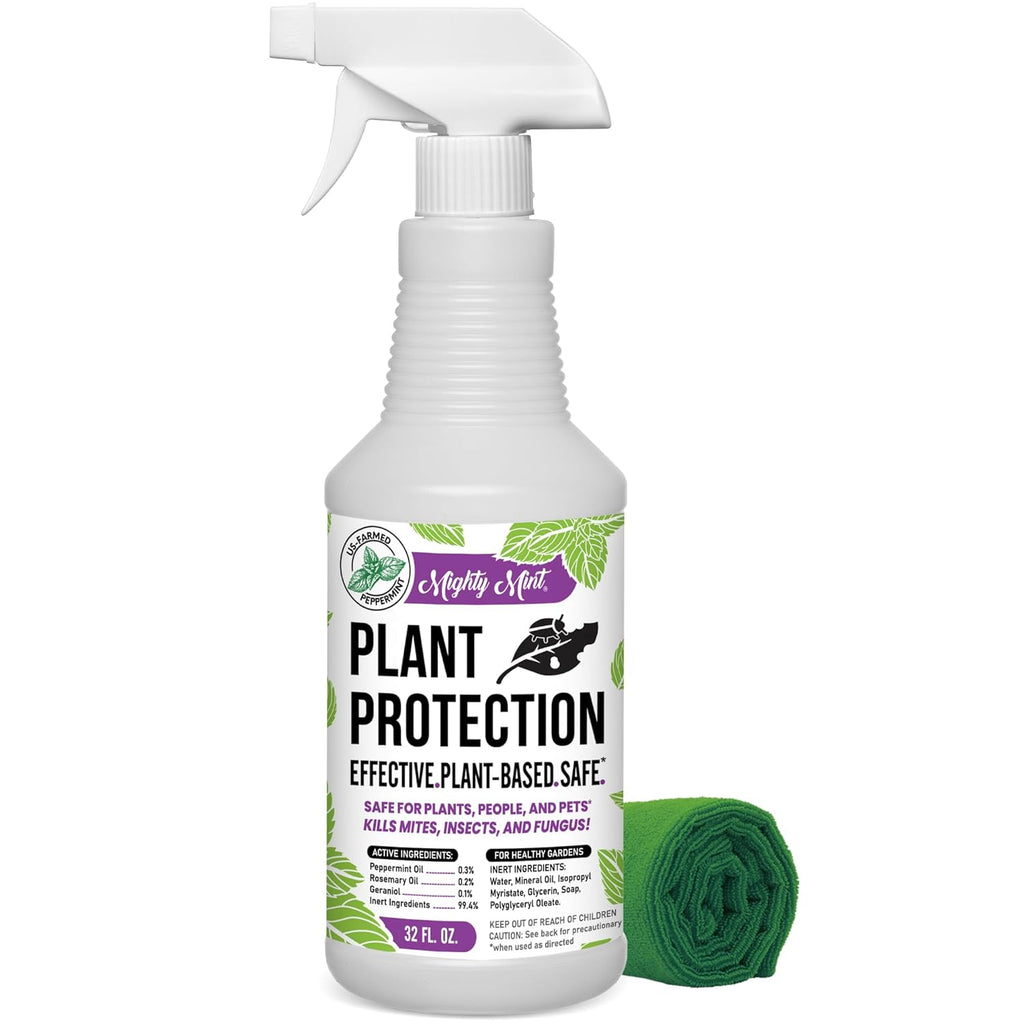 Mighty Mint 32 oz Peppermint Plant Protection Spray - for Spider Mites, Insects, Gnats, Fungus, and Disease with Microfiber Cloth