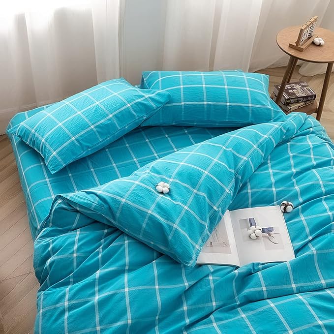 FACE TWO FACE Bedding Duvet Cover Set 3 Pieces 100% Washed Cotton Duvet Cover Linen Like Textured Breathable Durable Soft Comfy (Queen, Turquoise Grid)