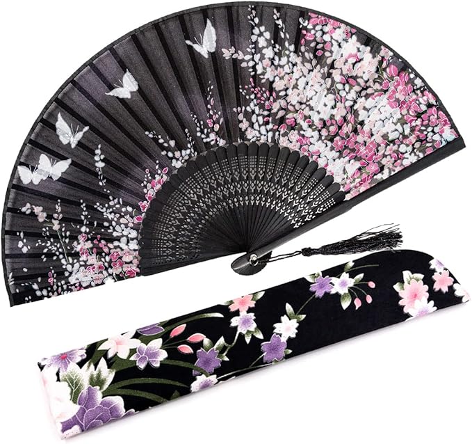 Amajiji 8.27"(21cm) Hand Held Bamboo Silk Folding Fan Hand Fan,Chinese/Japanese Charming Elegant Vintage Retro Style,Women Ladys Girls Best Gifts (Black Butterfly)
