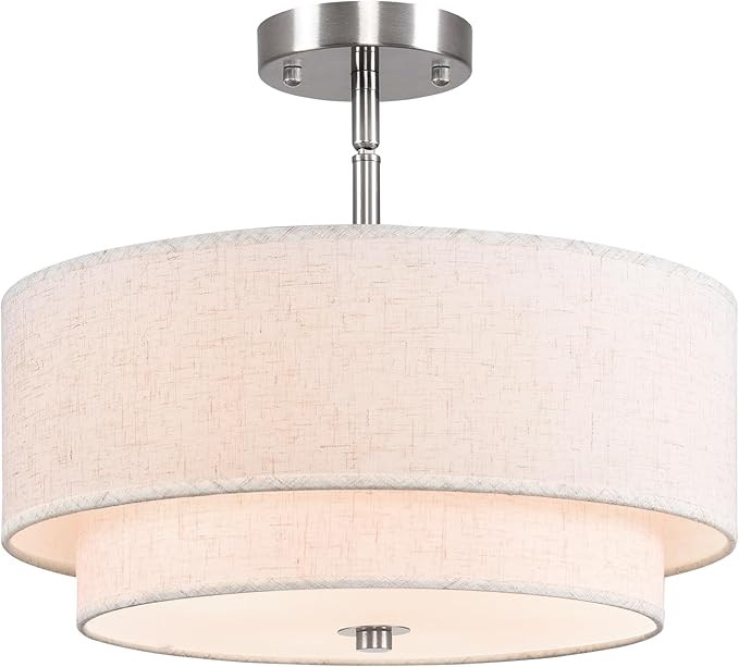 16" Semi Flush Mount Ceiling Light, Brushed Nickel 3 Light Double Drum Fabric Lampshade Lighting Fixtures for Living, Dining Room, Bedroom, Kitchen, Hallway (Canopy for Sloped/Flat Ceiling)