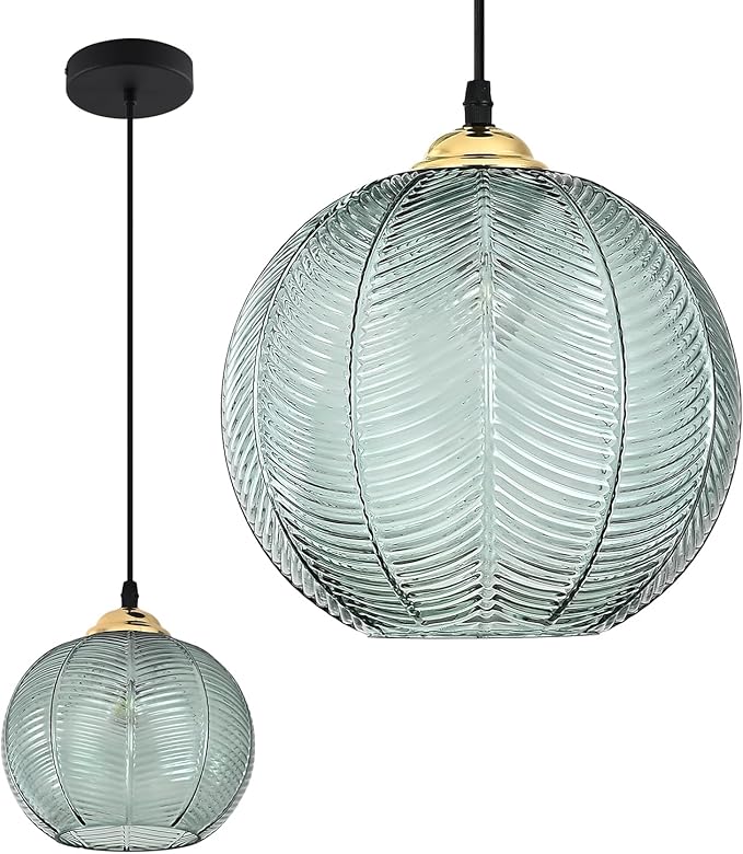 KCO Lighting Single Green Glass Pendant Light Large Globe Pendant Lighting Nordic Ribbed Ceiling Hanging Chandelier Light Vintage Dining Room Kitchen Island Light Fixture