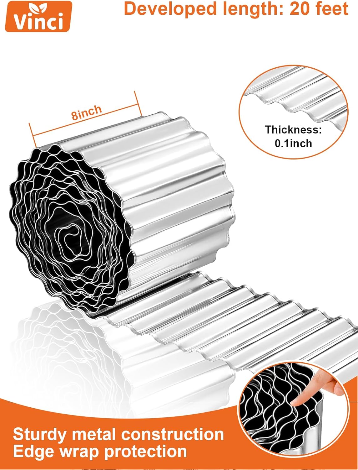 Vinci Garden Landscape Edging Border, 8 Inch x 20 FT Corrugated Sturdy Metal Easy Installation Safe Hemmed Lawn Garden Border Edges for DIY Flower Beds, Pathways and Patio Design (Silver)