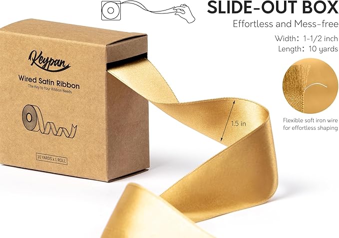 Gold Satin Ribbon Double-Faced Wired Ribbons for Gift Wrapping Flower Bouquet Bows Wedding Invitation Christmas Decor Crafts 1-1/2 Inch 10 Yards