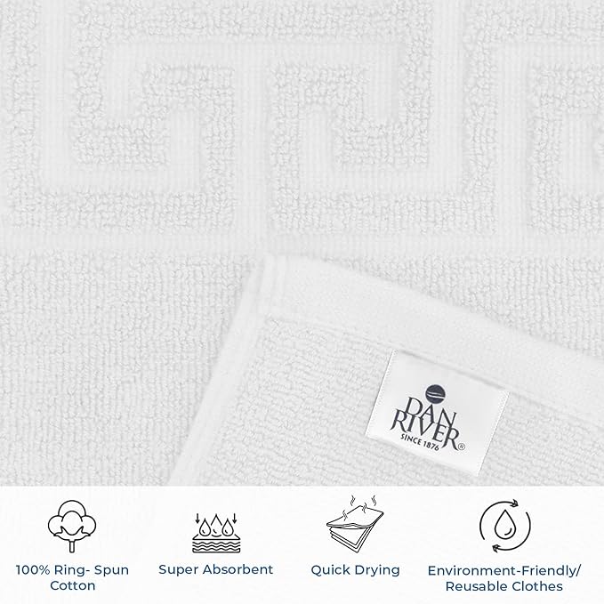 DAN RIVER Greek Bath Mat - White, 100% Ring Spun Cotton, Pack of 2, 20x32 inches, 800 GSM, Non-Slip, Absorbent, Quick Drying, Machine Washable Bathroom Floor Mats for Shower, Kitchen & Bath
