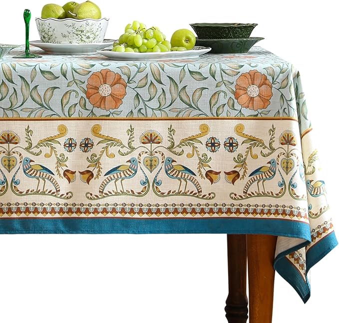 patdrea Designer French Linen Blue Tablecloth for Rectangle Table,Vintage Floral Table Cloth,Colorful Decoration Fall Cover Kitchen Dining for Thanksgiving,Tea Party,Christmas,63"x87"-Wensel