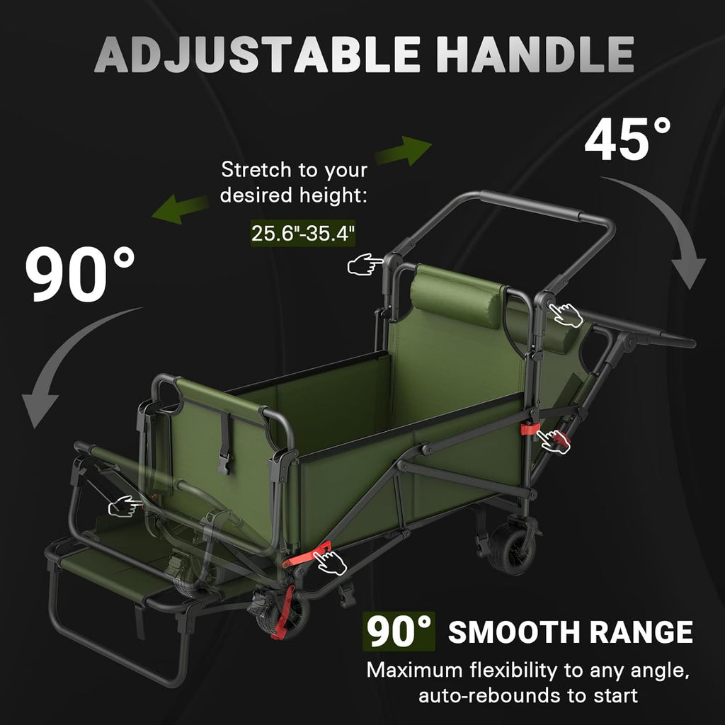 LEVELEVE Heavy Duty Folding Wagon - 2-in-1 Collapsible Cart, 400lb Capacity, All-Terrain Wheels w/Brakes & Side Pockets (Army Green)