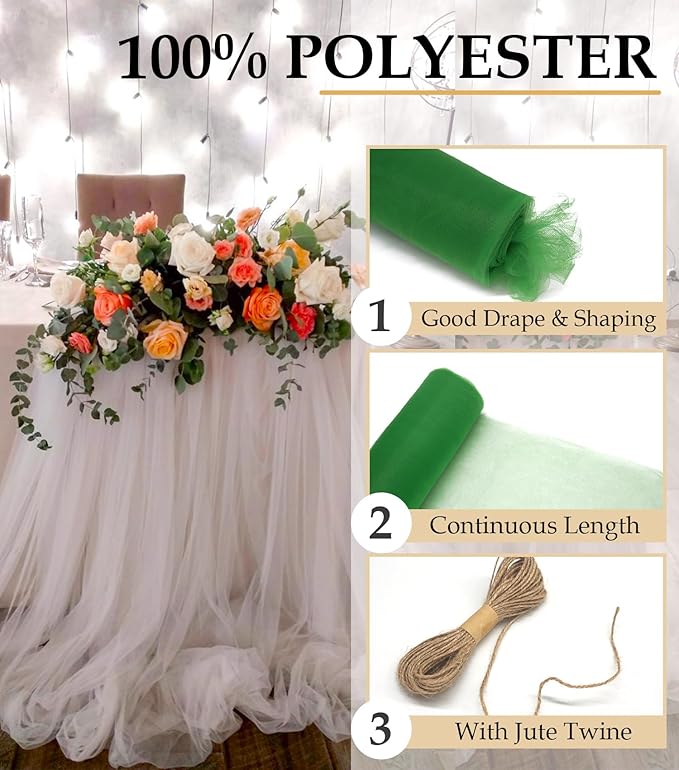 Green Tulle Fabric Roll, 54" x 40 Yards (120FT) Tulle for Christmas Gift Wrapping Wedding Decoration DIY Tutu Halloween Party Backdrop Baby Shower Table Skirts