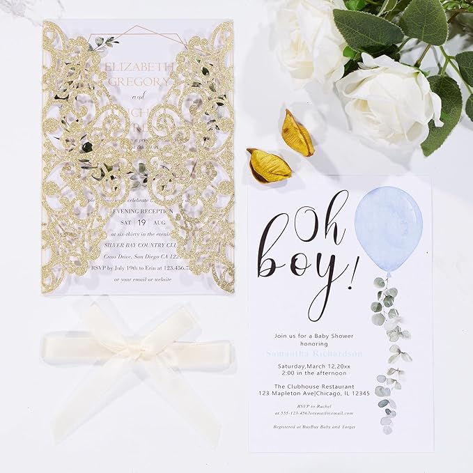 50Pcs Gold Glitter Laser Cut Wedding Invitation with Envelopes RSVP Cards and Ribbons Blank Card Invitaciones Para 15 Años Personalizados Quinceañera Baby Shower Party Invites