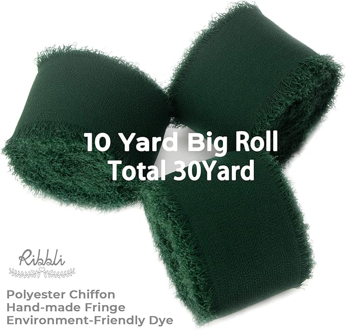 Ribbli Forest Green Chiffon Silk Ribbon, 1.5 Inch x 30 Yard - Handmade, Fringe, Wedding Invitations, Gift Wrapping, Bridal Bouquets, Flower Arrangement