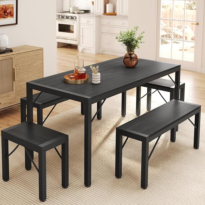 Gizoon 63" Dining Room Table Set for 6, Kitchen Table with 2 Benches and 2 Stools, Dining Table Set with Metal Frame, Space-Saving Kitchen Table Set for Apartment, Black