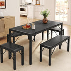 Gizoon 63" Dining Room Table Set for 6, Kitchen Table with 2 Benches and 2 Stools, Dining Table Set with Metal Frame, Space-Saving Kitchen Table Set for Apartment, Black