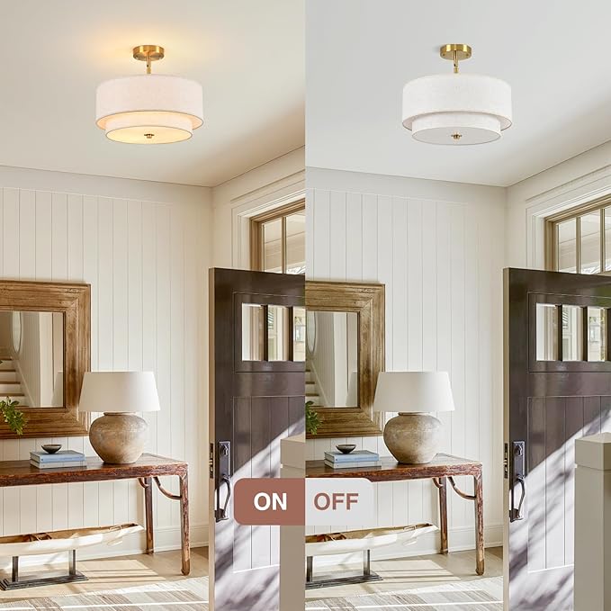 16" Semi Flush Mount Ceiling Light, Gold 3 Light Double Drum Fabric Lampshade Lighting Fixture for Living Room, Bedroom, Dining Room, Kitchen, Hallway (Swivel Canopy for Sloped/Flat Ceiling)