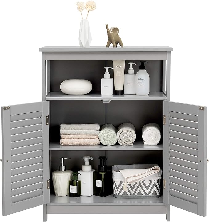 Tangkula Bathroom Floor Cabinet, Wooden Freestanding Storage Cabinet with Double Shutter Door & Adjustable Shelf, Storage Cabinet for Bathroom Living Room (Grey)