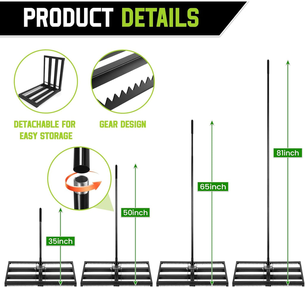 Lawn Leveling Rake with Teeth,Yard Ground Leveler 30”x10” Heavy Duty Leveler,Anti Flipping Smooth Edge,16-77" Adjustable, for Sand,top Soil Dressing,Yard Landscape,Ground Soil, Dirt,Grass