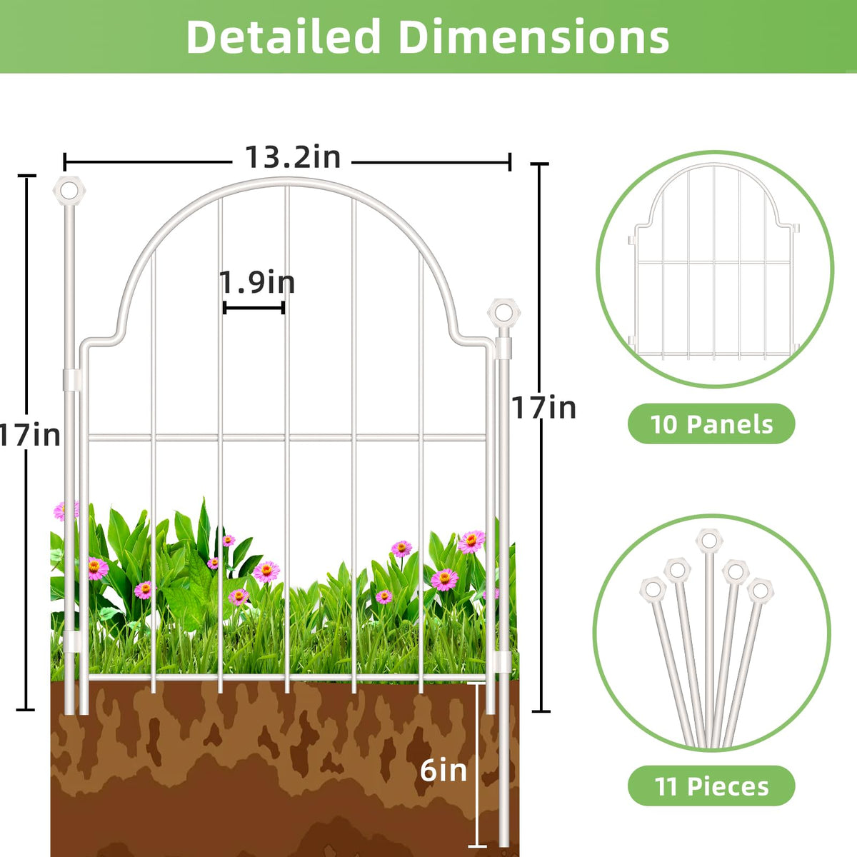 10 Pack White Decorative Garden Fence, 17in(H) x 10ft(L), with Ground Stake
