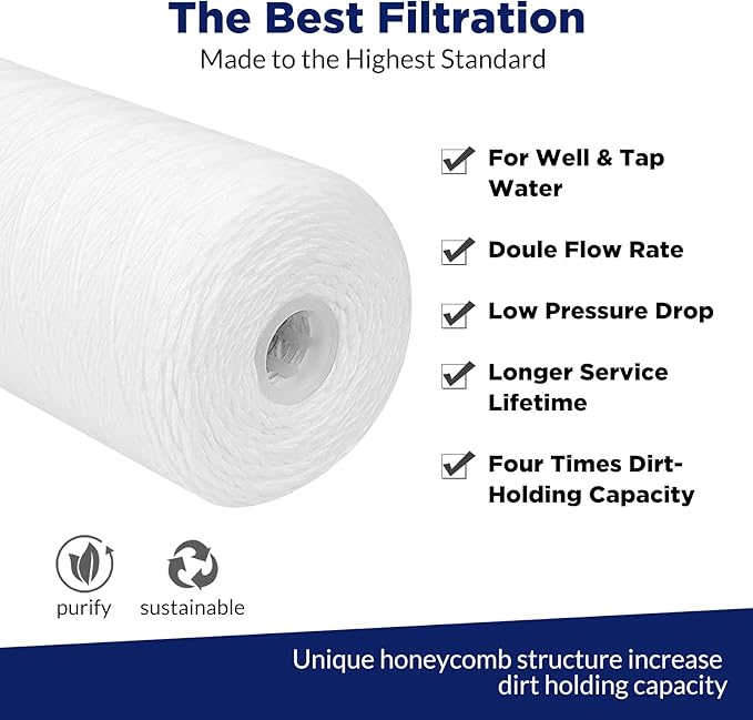Membrane Solutions 1 Micron 10"x4.5" String Wound Whole House Water Filter Replacement Cartridge Universal Sediment Filters for Well Water - 4 Pack
