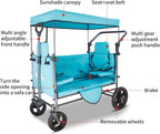 TMZ Collapsible Wagon Cart with Side-Opening Seat Conversion Design, Foldable Utility Wagon with 2 Seats, Heavy Duty Wagon 265 lbs Load Capacity (Turquoise)