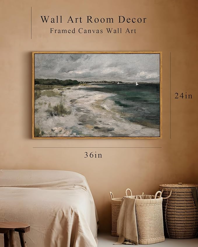 InSimSea Framed Canvas Wall Art, Seaside Landscape Painting Prints, Coastal Wall Art, Modern Farmhouse & Rustic Decor for Living Room & Bedroom, French Country Style, 24"x36"