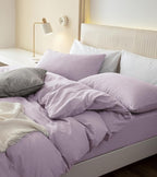 JIYUAN 100% Washed Cotton Duvet Cover Set 2 Pieces Twin, 1 Duvet Cover 68x90 Inches(Comforter Not Included) and 1 Pillowcase,Linen Like Comfy and Breathable,Heathered Light Purple