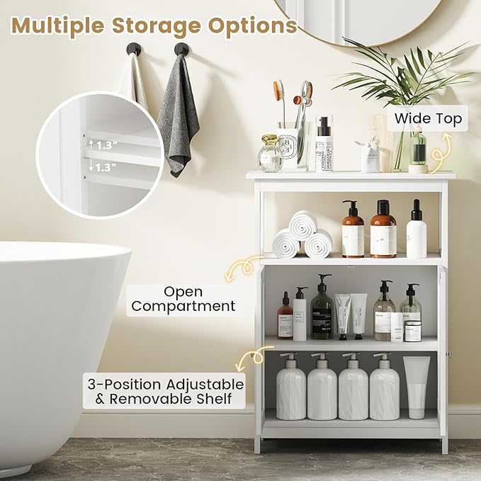 Tangkula Bathroom Storage Cabinet, Freestanding Floor Organizer with 2 Doors & 1 Adjustable Shelf, Modern Home Bathroom Furniture for Living Room Entryway Kitchen (Cabinet, White)