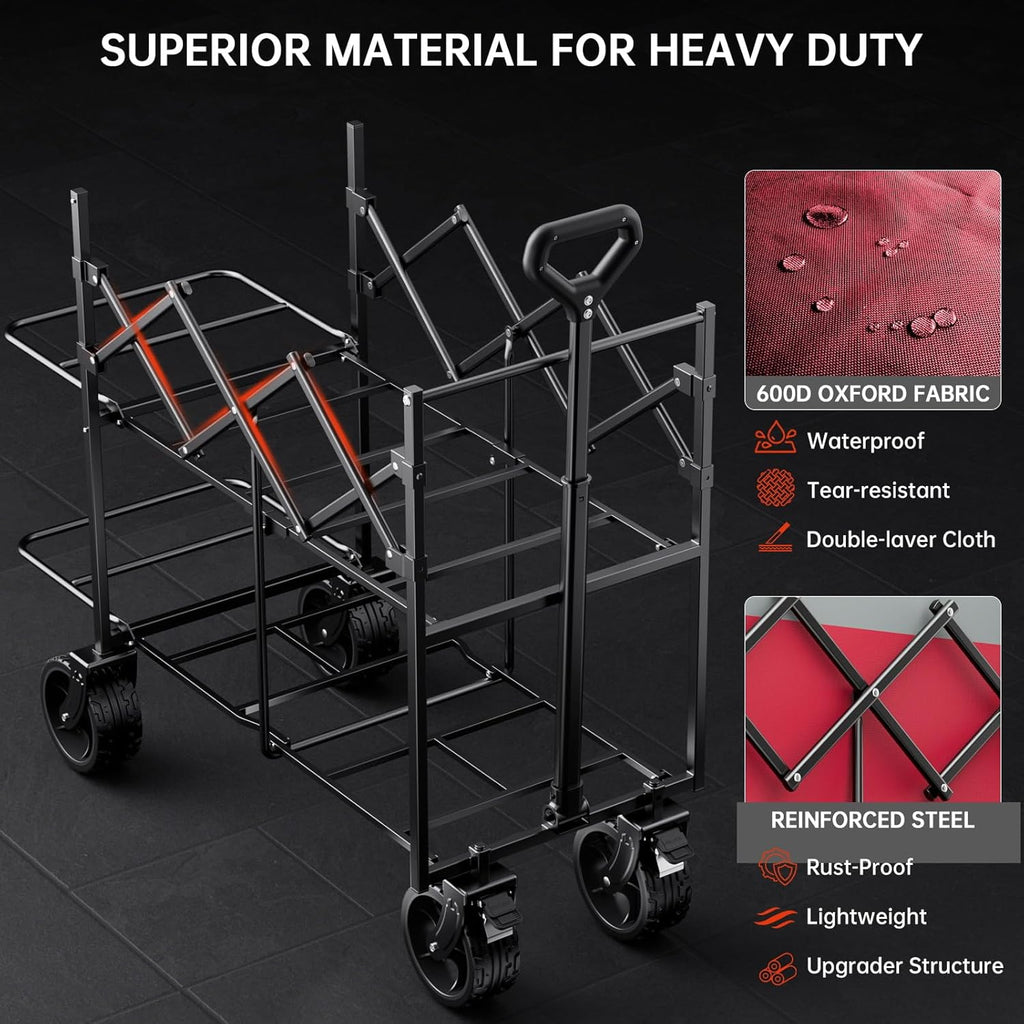 Double Decker Wagon 320L Large Capacity 400LBS Collapsible Sports Utility Cart with Big Wheels,Double Extended Tailgate Heavy Duty Folding Wagon Cart for Groceries,Camping,Outdoor-Rose Pink