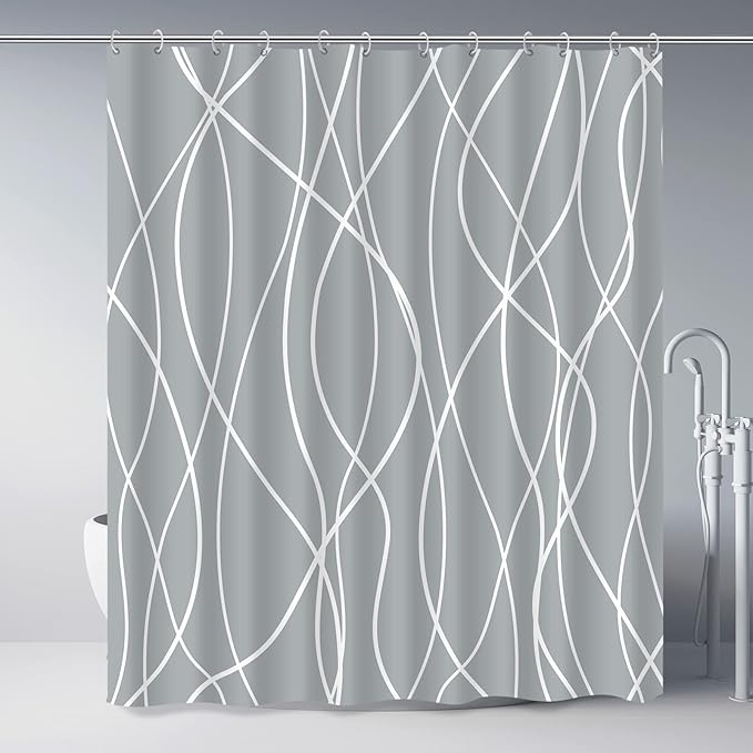 Punkray Light Grey Shower Curtain for Bathroom with Hooks, Shower Curtain Set Stripe Bath Curtains Decorative White Shower Curtains Weighted Hem Water Repellent Washable, 72 x 72
