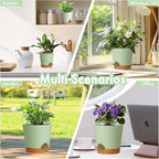 WSMKSZ 4 inch Self Watering Pots for Indoor Outdoor Plants, 6 Pack Plastic Flower Planters with Drainage Holes and Removable Saucers, Plant Pots with Wicking Rope, Modern Decor, Green Brown