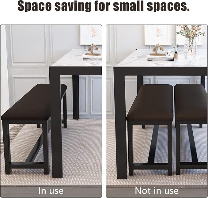 Dining Room Table Set with 2 Benches, Dining Table Set for 4-6, Dinner Table Set for 4, Faux Marble Breakfast Table Set & PU Leather Upholstered Benches for Small Spaces, Apartment, White