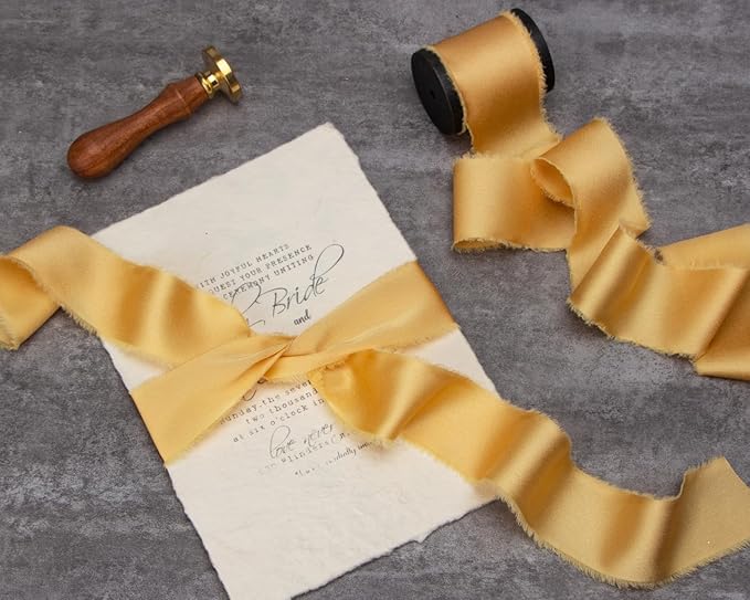 Ribbli Gold Silk Satin Ribbon 1.5 Inch x 12 Yard Handmade Frayed Chiffon Ribbon with Wooden Spool for Gift Wrapping, Wedding Invitations, Bridal Bouquets, Home Decor