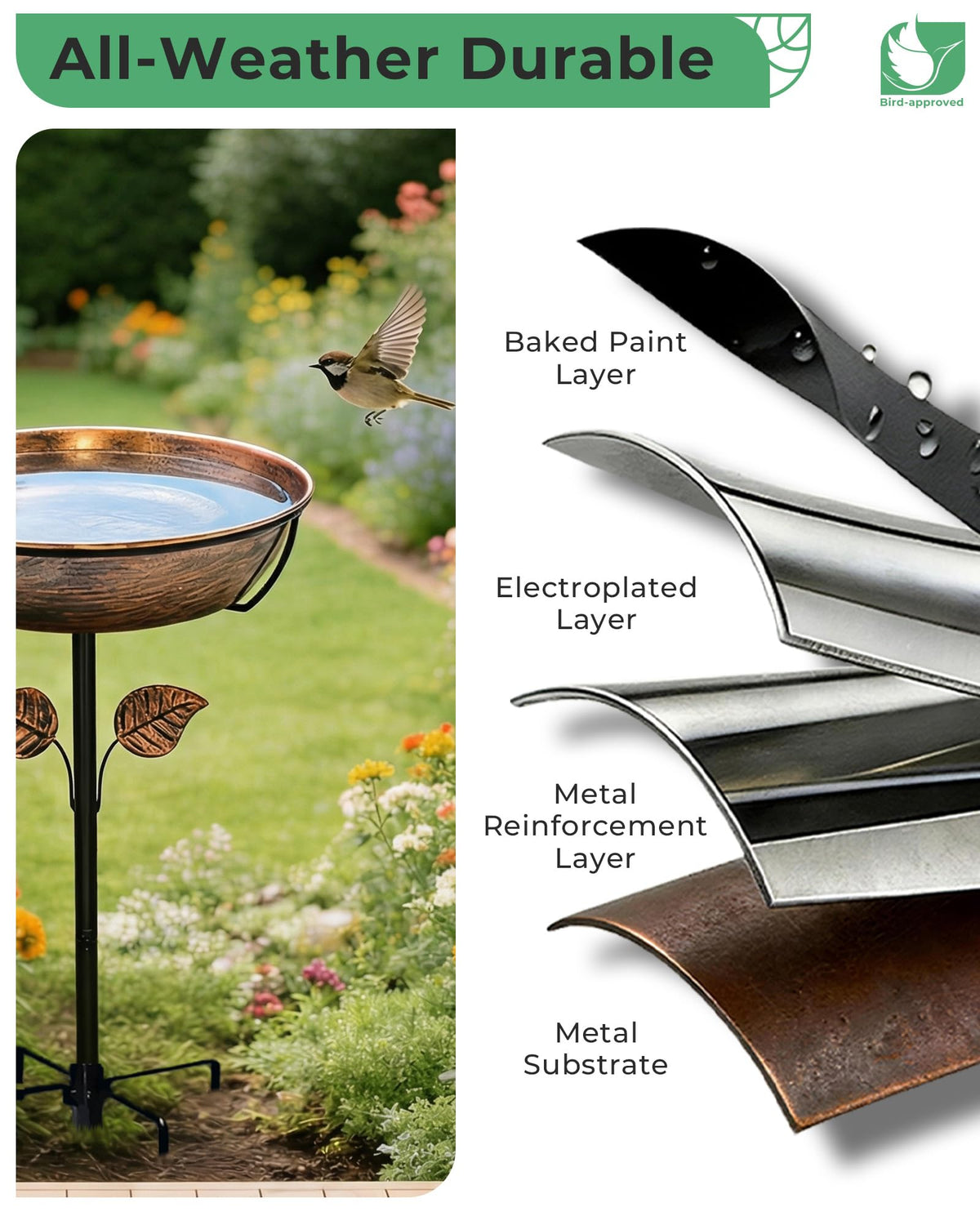 OUISJYER 13" Metal Bird Bath for Outside 3" Deep Removable Bowl with Stake