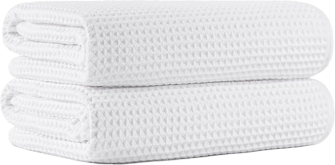 New Microfiber Waffle Bath Towels, 2 Pieces, Oversized, Soft, Absorbent, Fast Drying, Lint Free (White)