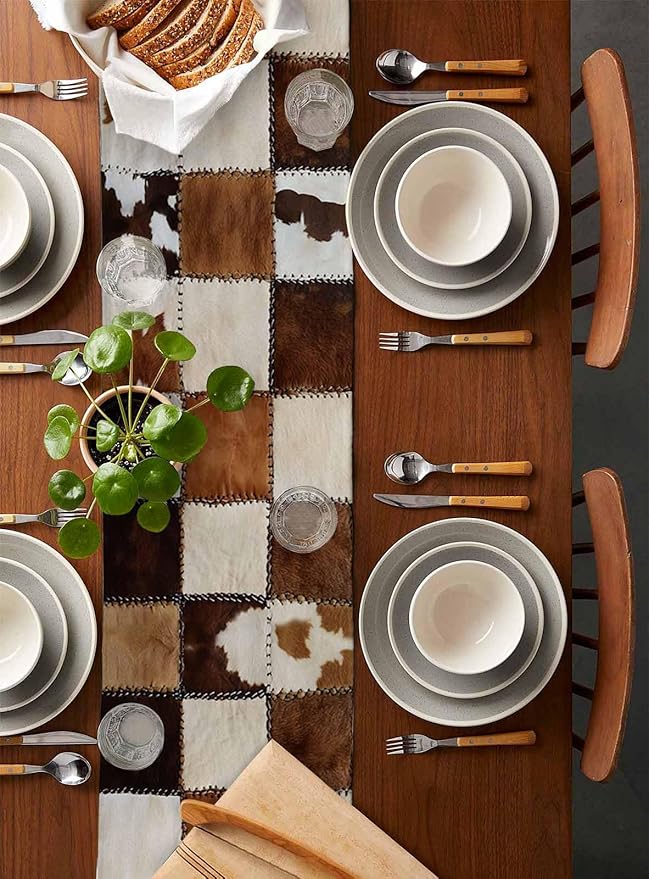 Abstract Cowhides Cotton Linen Table Runner for Dining Kitchen, Wedding Outdoor Party Tablerunners Decoration, Brown Beige Animal Fur Texture Dresser Scarf Coffee Tablecloth Runners 13x72 Inches