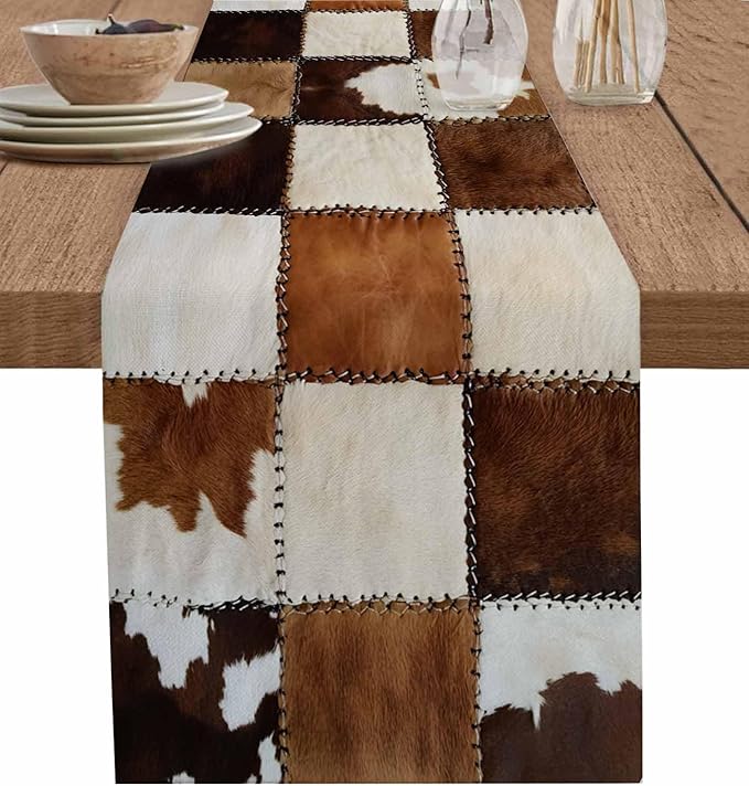 Abstract Cowhides Cotton Linen Table Runner for Dining Kitchen, Wedding Outdoor Party Tablerunners Decoration, Brown Beige Animal Fur Texture Dresser Scarf Coffee Tablecloth Runners 13x72 Inches