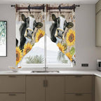 Retro Farmhouse Flower Swag Valances for Windows, Yellow Sunflowers Cow Barn Doors Brown Rod Pocket Kitchen Curtains Valance, Kitchen Window Curtains Swag for Cafe Living Room, 2 Panels, 36x63 inch