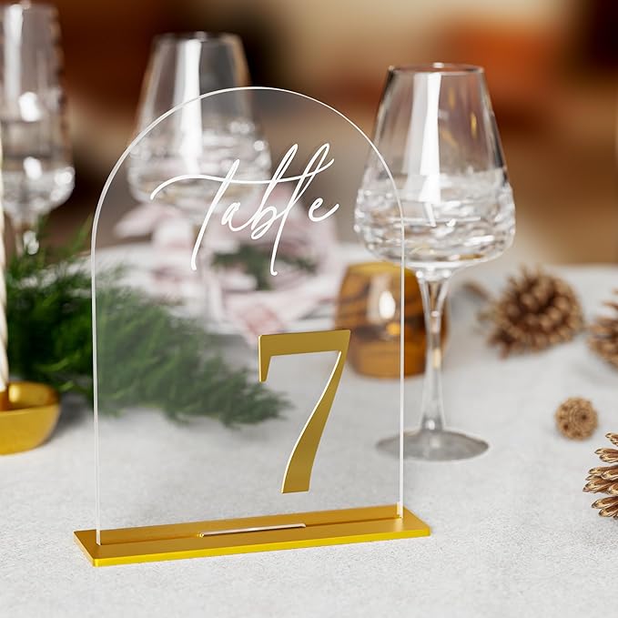 Arch Wedding Table Numbers 1-30 with Stands, Elegant Gold Number 5.5 x 7” Arch Acrylic Signs with Holder, Clear Acrylic Table Numbers for Wedding Reception, Anniversary, Party, Events