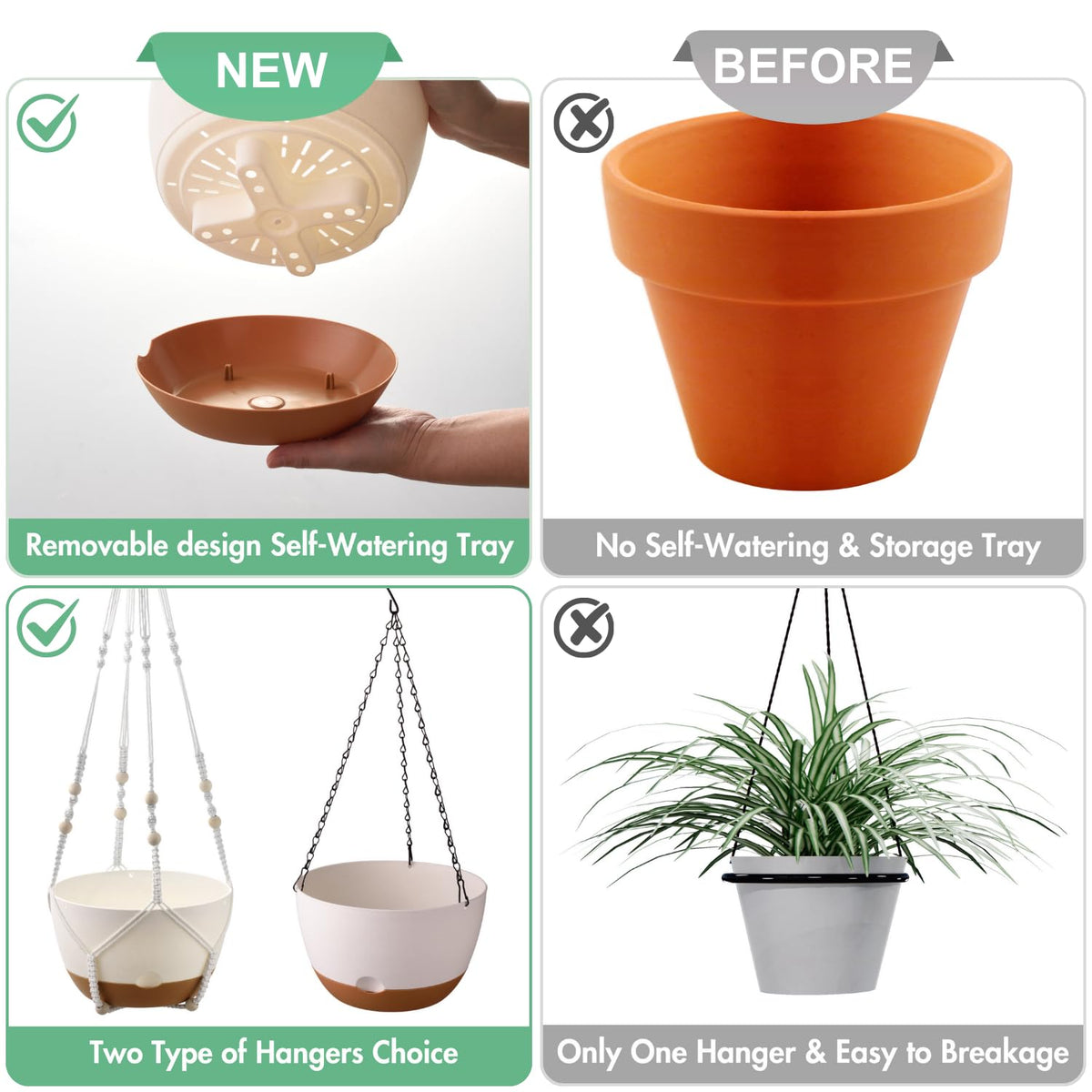 Set of 2-10 Inch Hanging Planters for Indoor Plants with Self-Watering Includes Hanging Pots for Plants, Outdoor Hanging Plant Pot with Drainage, and 2 Types of Hanging Baskets Hangers (White, 10inch)