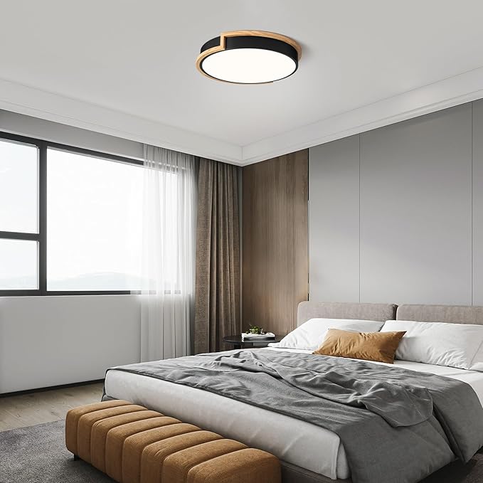 Dimmable Wood Flush Mount Ceiling Lights, Modern LED Black 5CCT 2700K-6000K Lighting Fixtures, Round Ceiling Lamp for Kitchen Living Room Dining Room Bedroom, 15.8in