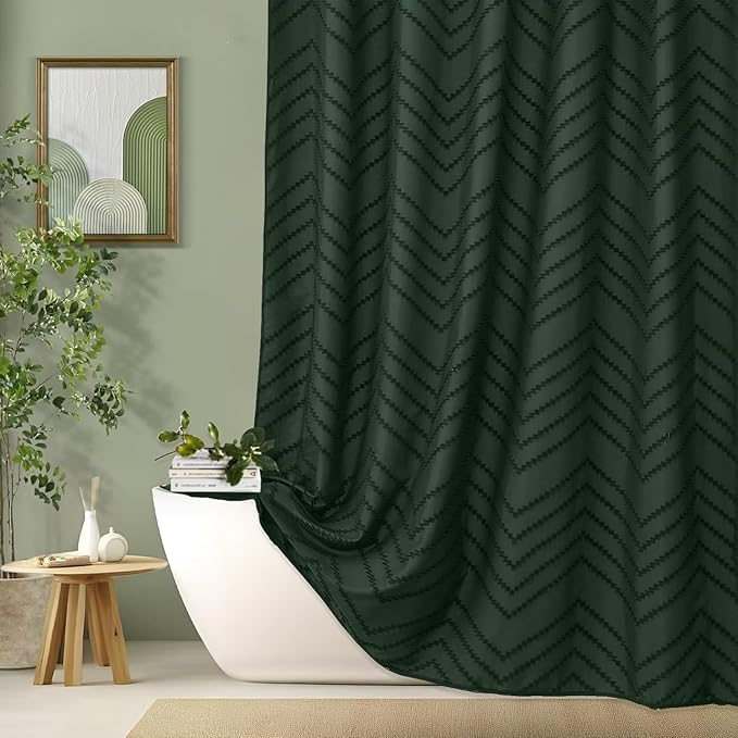 Dark Green Boho Shower Curtain 72 x 72 Inches Woven Fabric Shower Curtain Tufted Chervon Textured Shower Curtains Modern Minimalist Shower Curtains for Bathroom