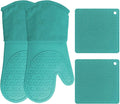 HOMWE Silicone Oven Mitts and Pot Holders, 4-Piece Set, Heavy Duty Cooking Gloves, Kitchen Counter Safe Trivet Mats, Advanced Heat Resistance, Non-Slip Textured Grip (Aqua Turquoise)