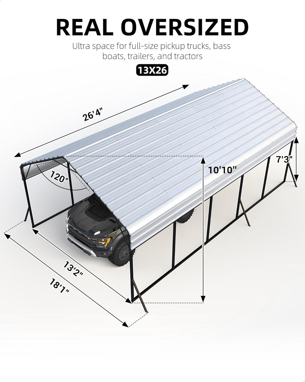 GarveeLife 13 ft x26 ft x11 ft Oversized Metal Carport, Steel Heavy Duty Car Ports for All-Weather, Tall Carport for Full-Size Pickup Trucks, Boats, and Tractors, N.W. 780 LBS