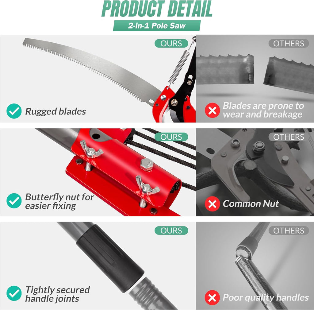 Suchtale 10ft Pole Saw, Manual Tree Pruner with Sharp Steel Blade, Trimmer with Scissors and High Strength Lightweight Handles for Pruning High Branches, Shrubs and Twigs at Forest Yard Garden Patios