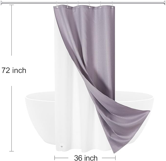3 in 1 Stall Half Size Purple Shower Curtain Set-36 W x 72 H, Lavender Waffle Waterproof Fabric and PEVA Liner Set with Stainless Steel Hooks