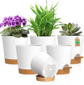 WSMKSZ 4 inch Self Watering Pots for Indoor Outdoor Plants, 6 Pack Plastic Flower Planters with Drainage Holes and Removable Saucers, Plant Pots with Wicking Rope, Modern Decor, White Brown