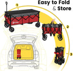 Sekey 48''L Collapsible Foldable Extended Wagon with 440lbs Weight Capacity, Heavy Duty 300L Folding Utility Garden Cart with Big All-Terrain Beach Wheels & Drink Holders. Red&Grey