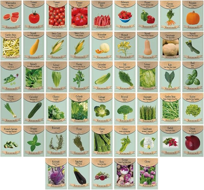 Black Duck Brand 50 Packs Assorted Heirloom Vegetable Seeds 40 Varieties Over 20,000 Heirloom Seeds, Includes Freedom Farms Vegetable Set Mylar Bag for Optimal Seed Storage! 100% Non-GMO