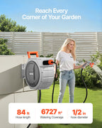 VEVOR Retractable Garden Hose Reel, 1/2 Inch x 84 ft Wall Mounted Heavy Duty Garden Hose Reel with 9 Patterns Nozzle, Any Length Lock, Upgraded Slow Return System and 180°Swivel Bracket