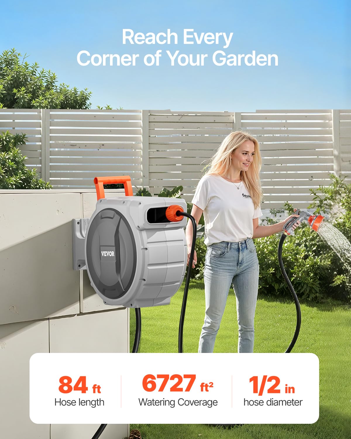 VEVOR Retractable Garden Hose Reel, 1/2 Inch x 84 ft Wall Mounted Heavy Duty Garden Hose Reel with 9 Patterns Nozzle, Any Length Lock, Upgraded Slow Return System and 180°Swivel Bracket