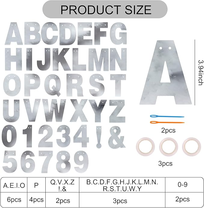 BEISHIDA Double-sided Silver 116 PCS DIY Letter Banner Kit Make Your Own Banner,Including 111 Letters and Numbers 3 Rope and 9 Threading Device,Customized for Birthday Graduation Wedding Decor