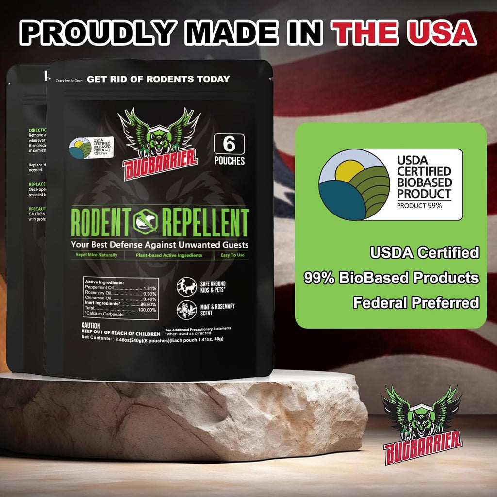 BugBarrier's Extra-Strength Mouse Repellent Deterrent Pouches, USDA 99% Biobased, Peppermint & Rosemary Oils Repel Mice Nesting in Car, RV, Boat, Garage, Shed, Cabin Made in The USA (Pack of 12)
